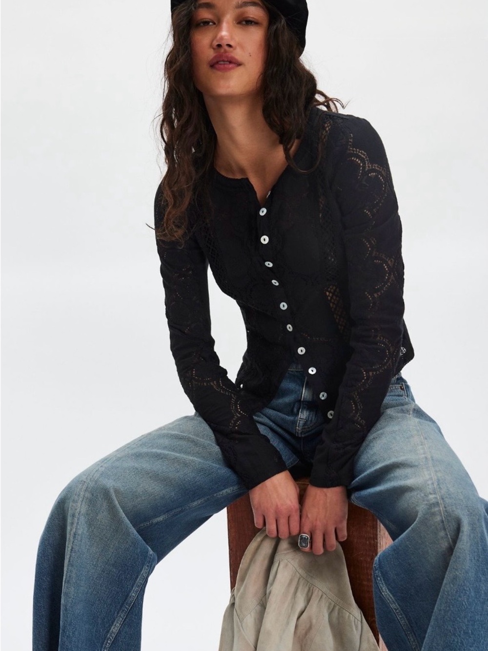 Free People Jae Sheer Lace Knit Long Sleeve Top Eyelet Button-Front Long Sleeve